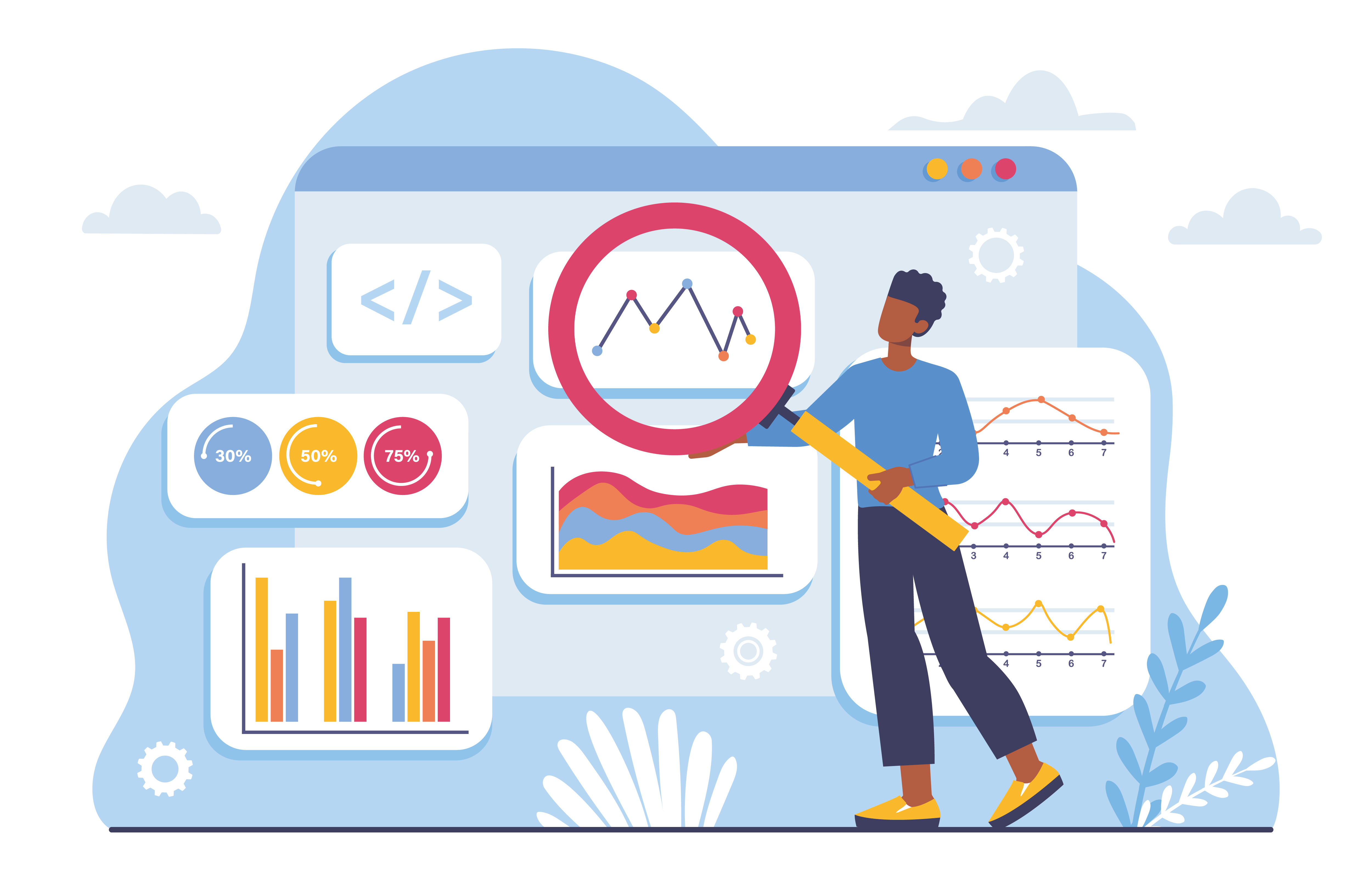 man holding giant magnifying glass up to screen with seo data product optimization epic web studios